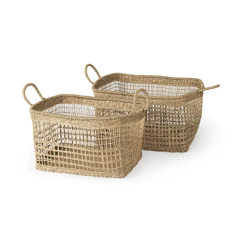 Bellisa Seagrass Storage Baskets (Set Of 2) — Medium Brown Rectangular Woven Bins With Handles 1