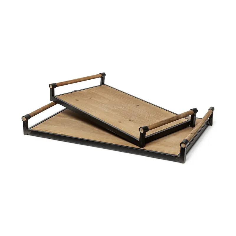 Benson Dual-Tone Serving Trays — Brown Wood And Black Metal Set Of 2 1