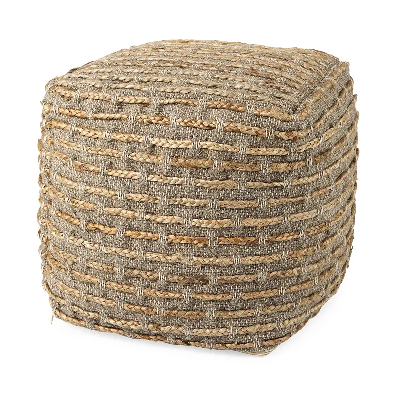 Binita Hemp-Cotton Blend Pouf – 16" Cube In Gray-Brown, Textured Wool Accent 1