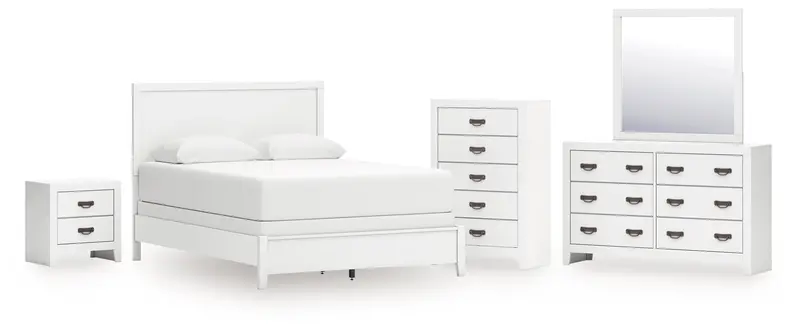 Binterglen White Queen Panel Bed Set With Mirrored Dresser, Chest, And Nightstand 1