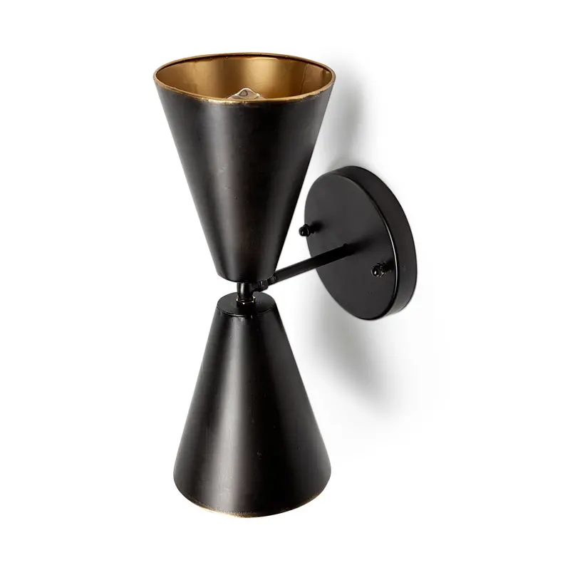 Black Metal Wall Sconce With Gold Accents – Double-Cone Design (Eris Ii, 7.3" X 12.6") 1