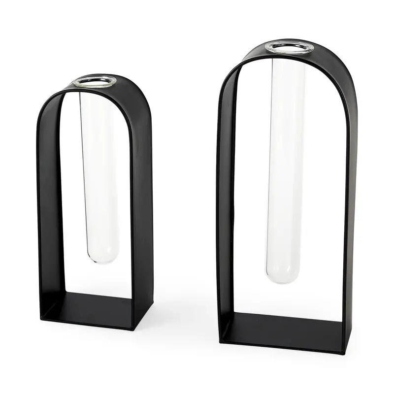 Boyer Test Tube Decor Set – Black Metal & Glass Display Objects (5.1"L X 3"W X 12"H, Set Of 2) 1