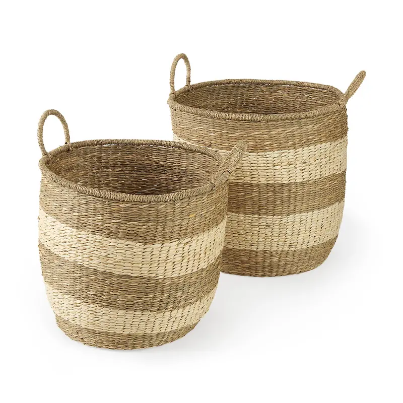 Bradley Seagrass Baskets – Light Brown & Striped Woven Storage With Handles (Set Of 2) 1