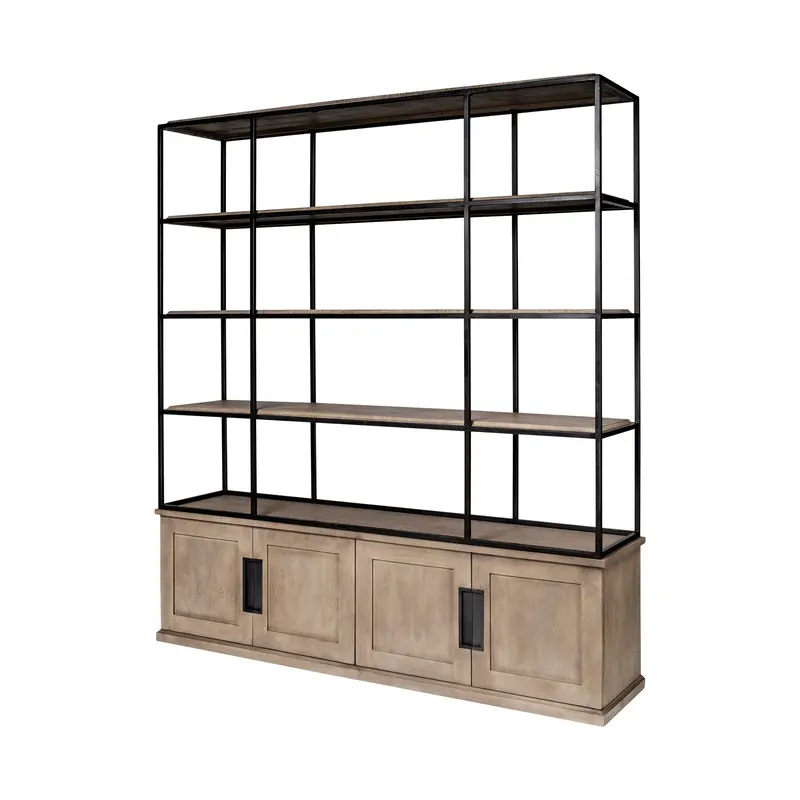 Braxton I Shelving Unit – Light Brown Wood & Iron Three-Shelf Bookcase (81.5"L X 18.5"W X 90"H) 1