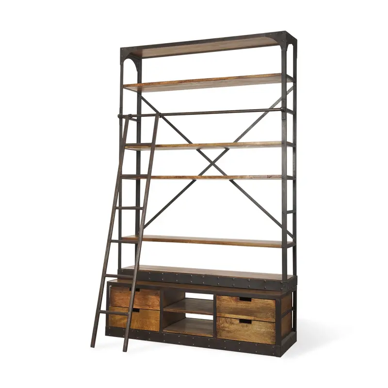 Brodie Ii Four-Shelf Ladder Shelving Unit – Medium Brown Wood With Black Accents (57"L X 20.5"W X 94"H) 1
