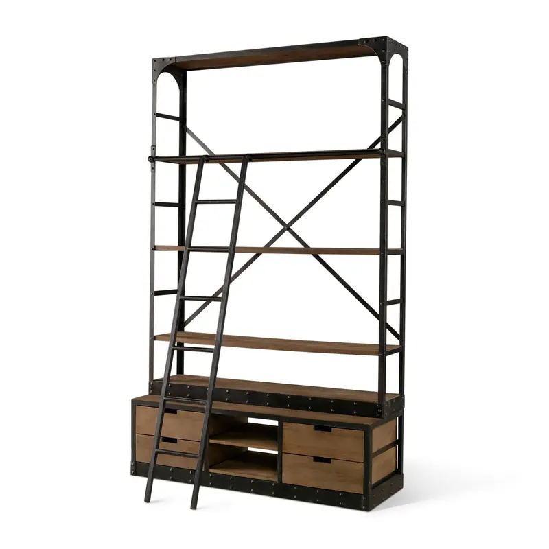 Brodie Viii Ladder Shelving Unit – Brown Wood With Gunmetal Accents, Four-Tier Design 1
