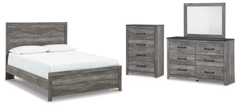 Bronyan Dark Gray Mirrored Queen Panel Bed Ensemble With Dresser And Chest 1