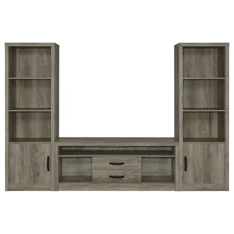 Burke Gray Driftwood Entertainment Center – 3-Piece Modular Media Wall System 1