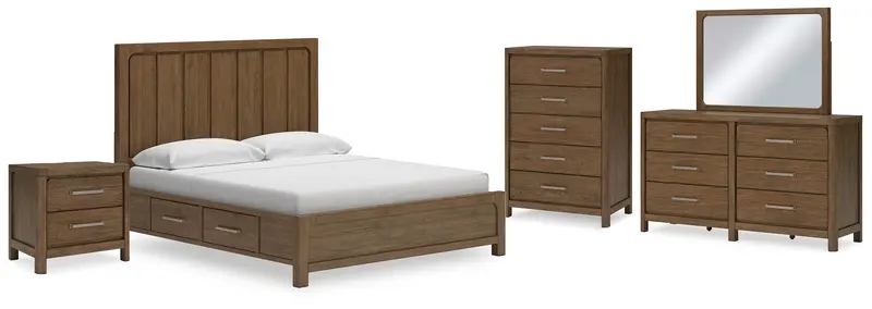 Cabalynn Light Brown California King Panel Bed With Under-Bed Storage + Mirrored Dresser, Chest, And Nightstand 1