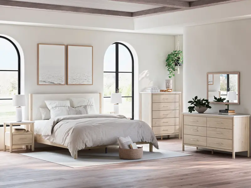Cadmori Tan-And-Beige Upholstered Platform Bedroom Collection 1