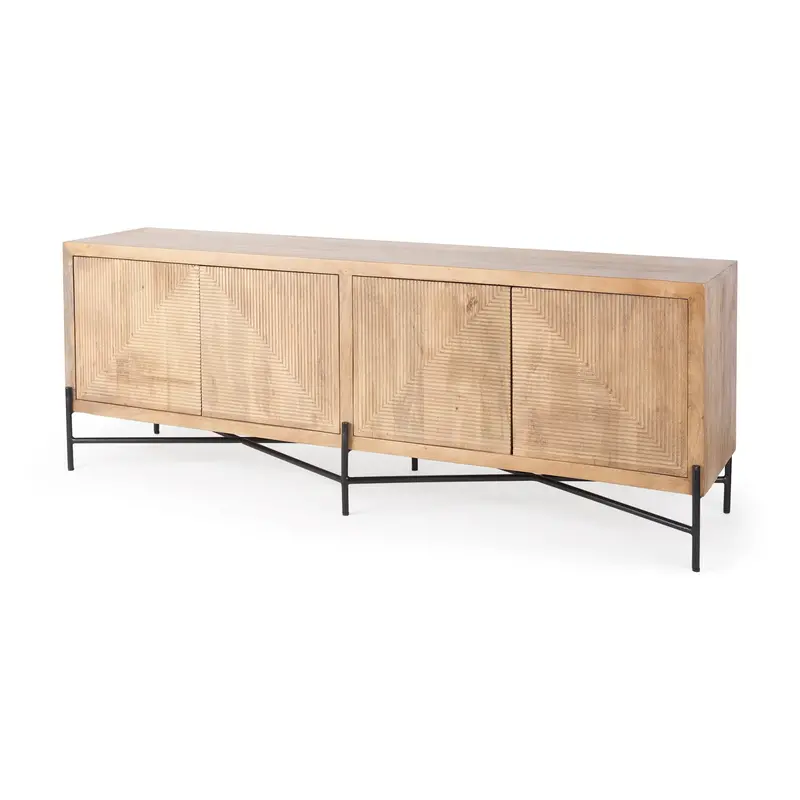 Cairo 78" Wide Solid Wood Sideboard – Brown Finish With Black Metal Base & Four Doors 1