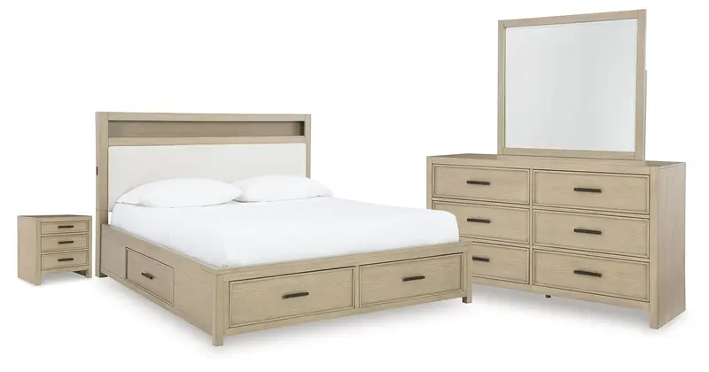 Calmoro Gray California King Bookcase Bed Set With Mirrored Dresser & Nightstand 1