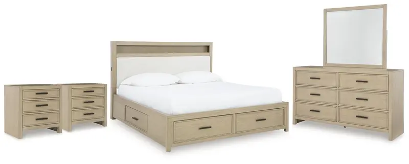 Calmoro Gray King Bookcase Bed Ensemble With Mirrored Dresser & Dual Nightstands 1