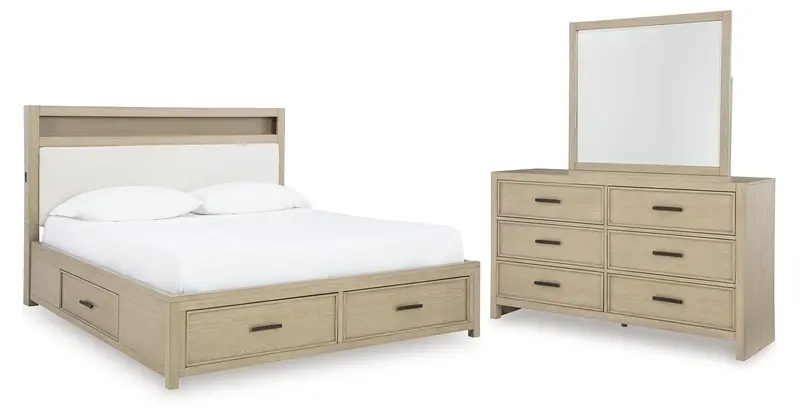Calmoro Gray Queen Bookcase Bed With Matching Mirrored Dresser 1