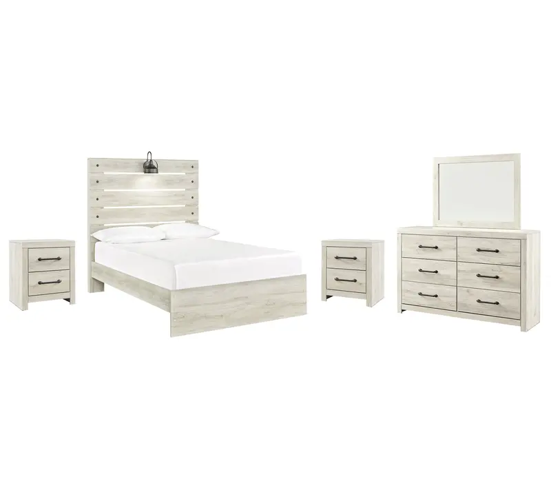Cambeck Whitewash Full Panel Bed Set With Mirrored Dresser & Nightstands 1