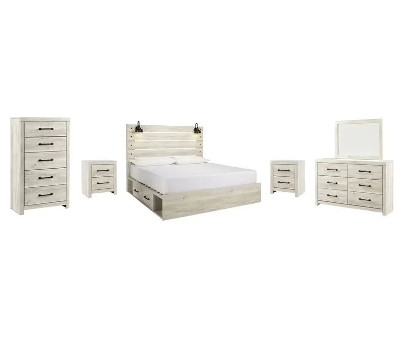 Cambeck Whitewash King Panel Bed With Dual Storage Drawers + Matching Mirrored Dresser, Chest, And Nightstands 1