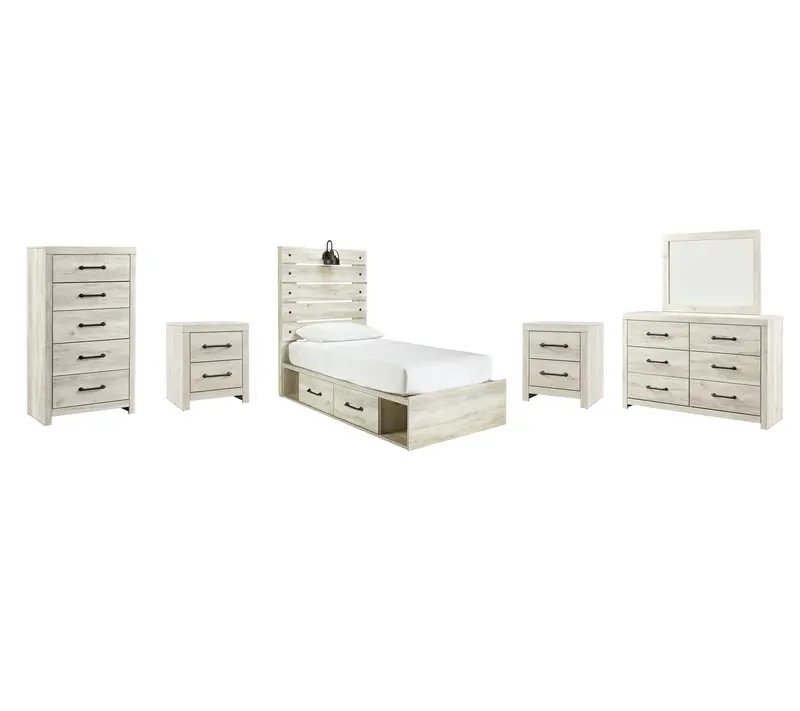 Cambeck Whitewash Twin Bedroom Set: Panel Bed, Mirrored Dresser, Chest & Nightstands 1