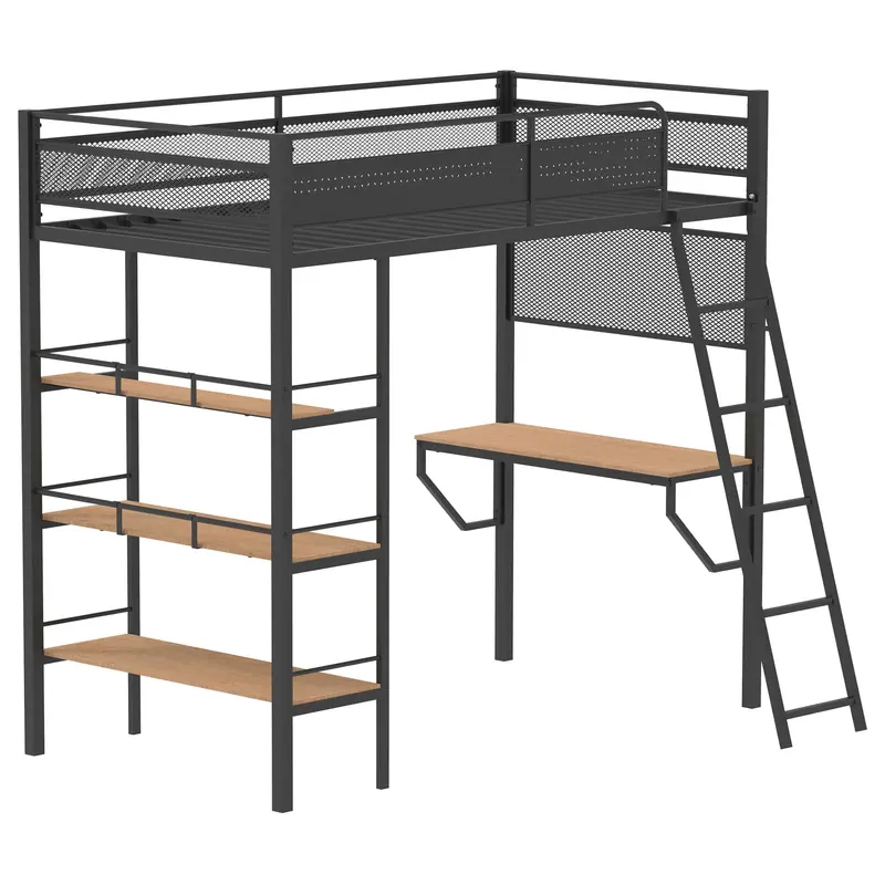 Campus Matte Black Twin Loft Workstation Bed (3-Shelf Metal) 1
