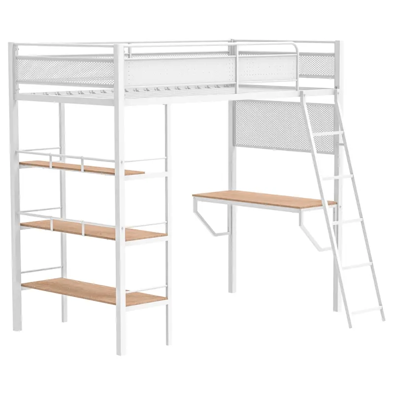 Campus Matte-White Metal Twin Loft Bed With 3-Tier Workstation Shelves 1