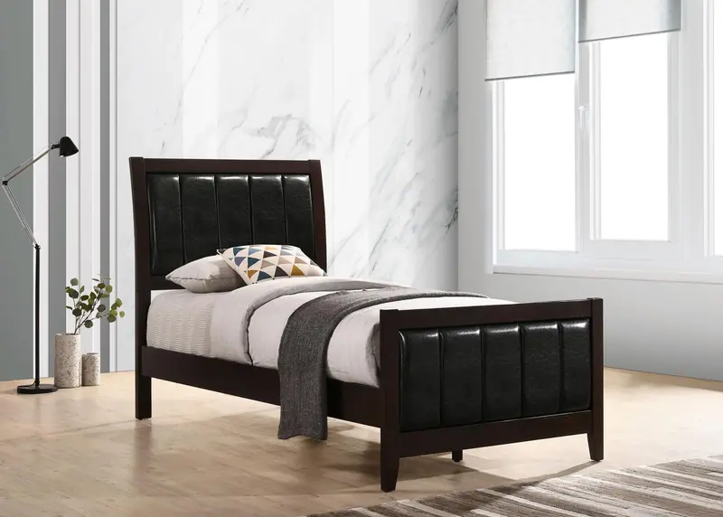 Carlton Twin Panel Bed In Cappuccino Finish With Black Upholstered Headboard 1