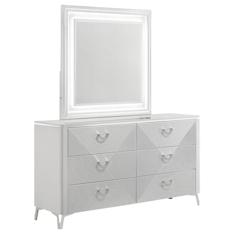 Cassia White High-Gloss 6-Drawer Dresser With Framed Mirror 1
