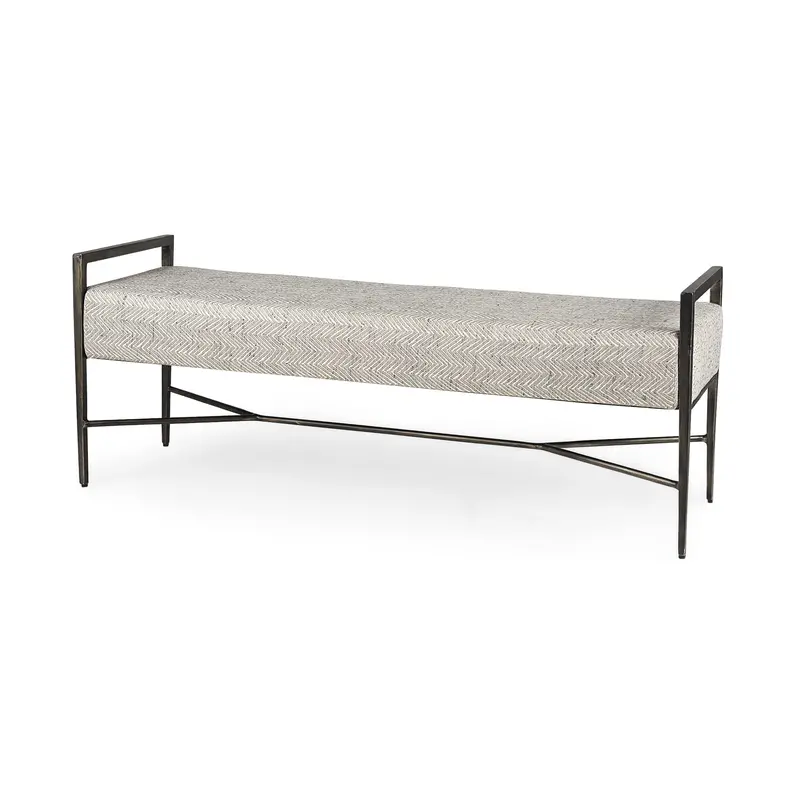 Charlotte Bench – Gray Herringbone Fabric Seat On Antique Nickel Metal Frame 1