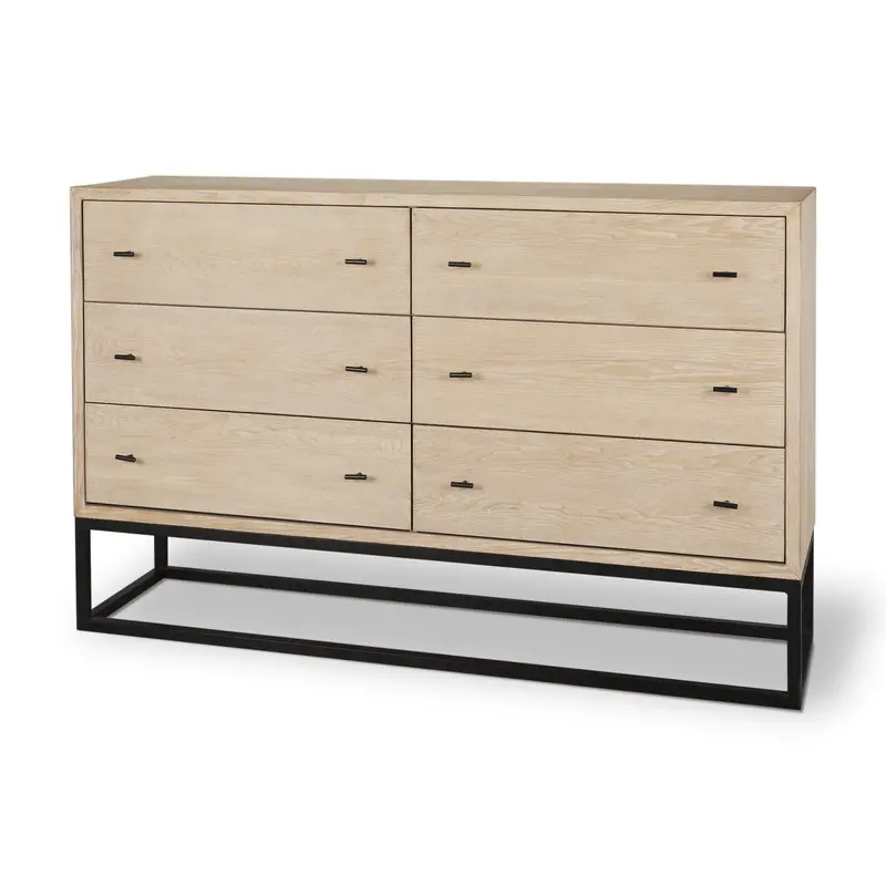 Ciara Sideboard — 6-Drawer Beige Fir Veneer Cabinet With Black Metal Accents 1
