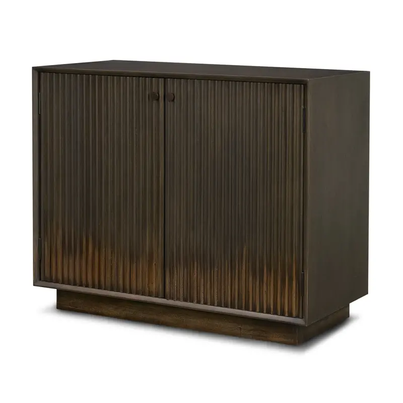 Cinder Accent Cabinet – Distressed Dark Brown Reeded Wood, Two-Door Design 1