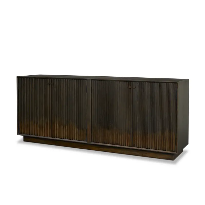 Cinder Distressed Reeded Sideboard – Dark Brown Wood, 4-Door Closed Cabinet 1