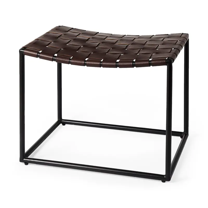 Clarissa Woven Leather Bar Stool – Brown Seat With Black Metal Frame, 22"L X 16"W X 16.5"H 1