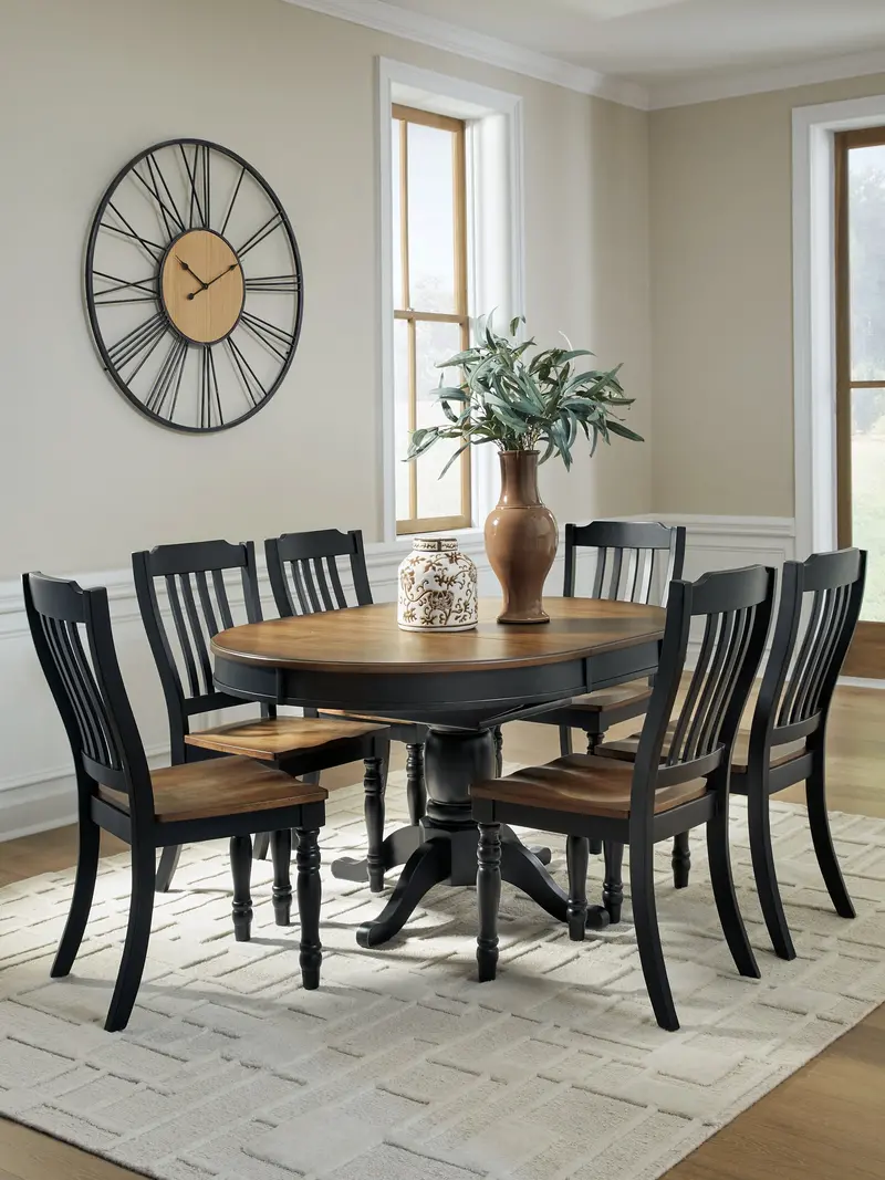Clorazi Two-Tone Round-To-Oval Extension Dining Table Set With Six Chairs 1