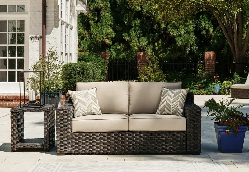 Coastline Bay Weather-Resistant Brown Outdoor Loveseat With Cushions 1