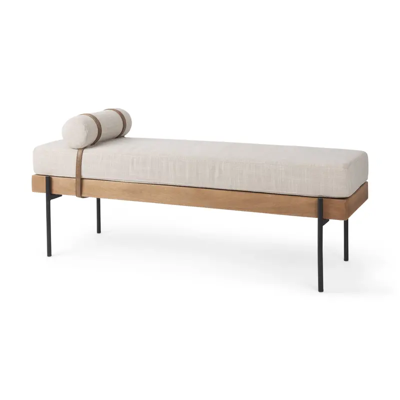 Colburne Cream Fabric Bench With Brown Wood Frame 1