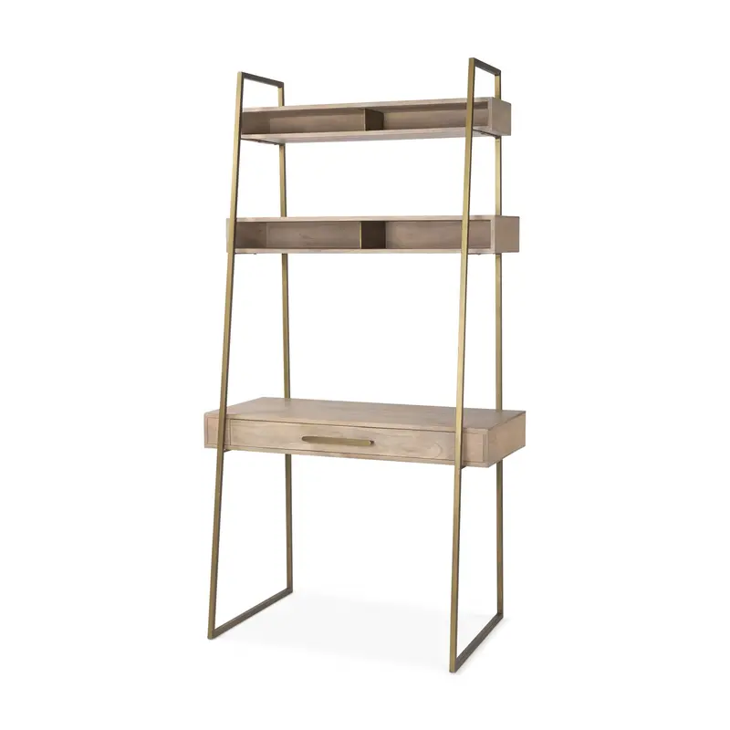 Cordell Office Desk – Light Brown Wood With Gold Metal Accents, 42"L X 25"W X 78"H 1