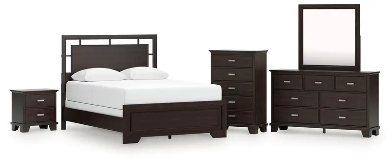 Covetown Dark Brown Queen Bedroom Set: Panel Bed, Dresser, Mirror, Chest & Nightstand 1