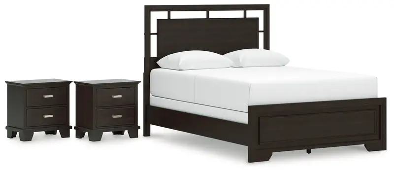 Covetown Dark Brown Queen Panel Bed With Two Nightstands 1