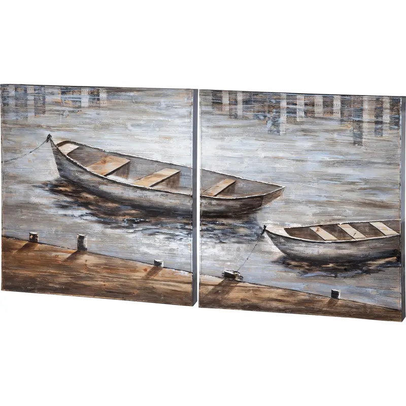 Creekside Diptych: Original Oil Painting On Wood – 80" X 40" Boats Scene 1