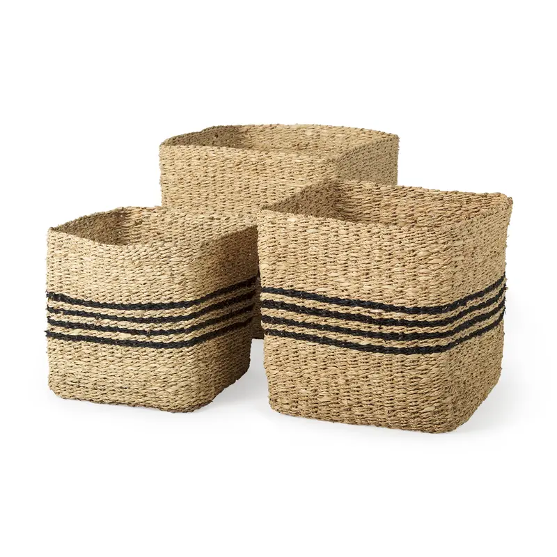 Cullen Seagrass Basket Set – Three 15.7" Square Grey Twisted Storage Bins 1