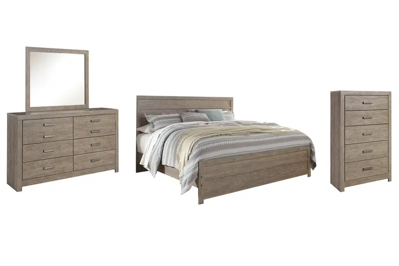 Culverbach Gray King Panel Bed With Mirrored Dresser And Chest 1
