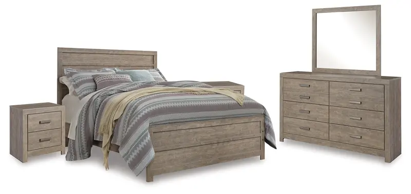 Culverbach Queen Bedroom Suite – Mirrored Dresser, Bed Frame, And Two Nightstands In Soft Gray 1