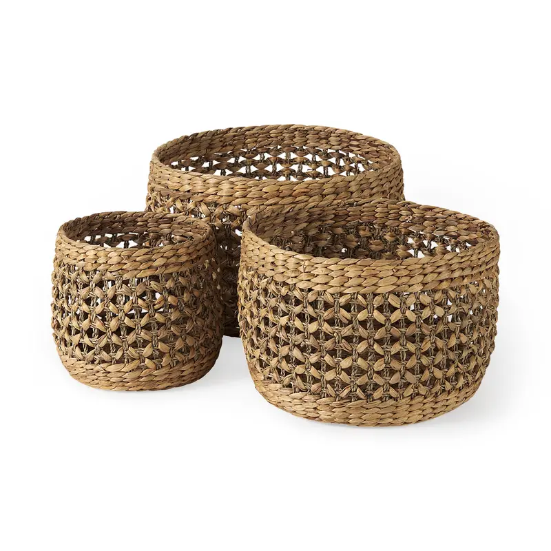 Dakota Set Of 3 Medium Brown Seagrass Round Storage Baskets 1