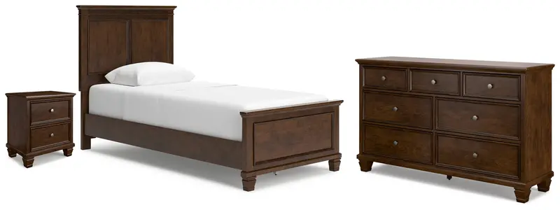 Danabrin Brown Cherry Wood Twin Bedroom Set: Panel Bed, Dresser & Nightstand 1