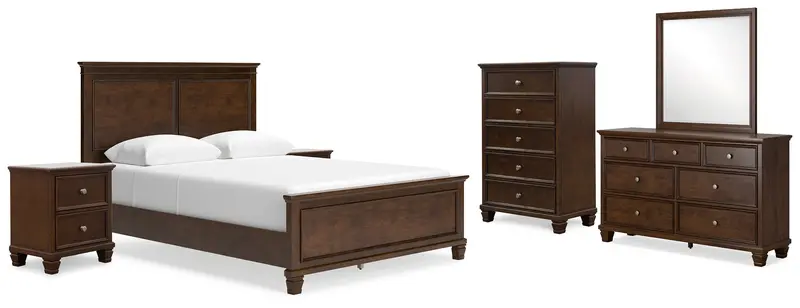 Danabrin Brown Queen Panel Bed With Mirrored Dresser, 6-Drawer Chest, And Dual Nightstands 1