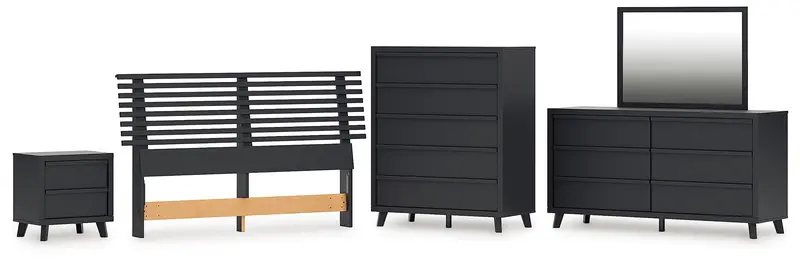 Danziar Black Queen Panel Headboard Set With Mirrored Dresser, Chest, And Nightstand 1