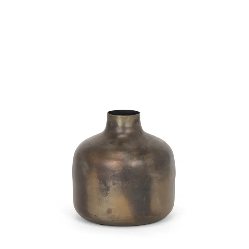 Daya Decorative Vase – Short Antiqued Gold Metal Vessel 1