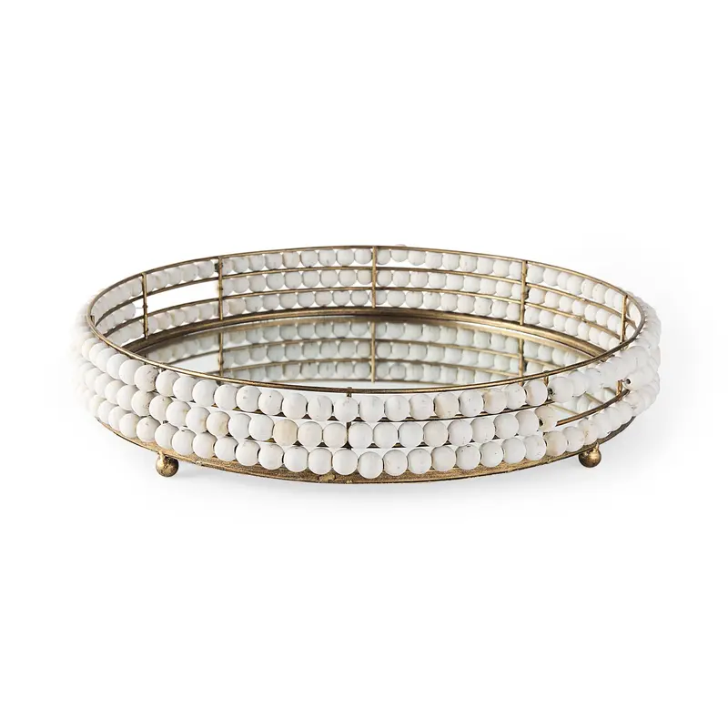 Decatur I Round Wooden Bead Tray – White Finish With Mirrored Base (21" Diameter) 1