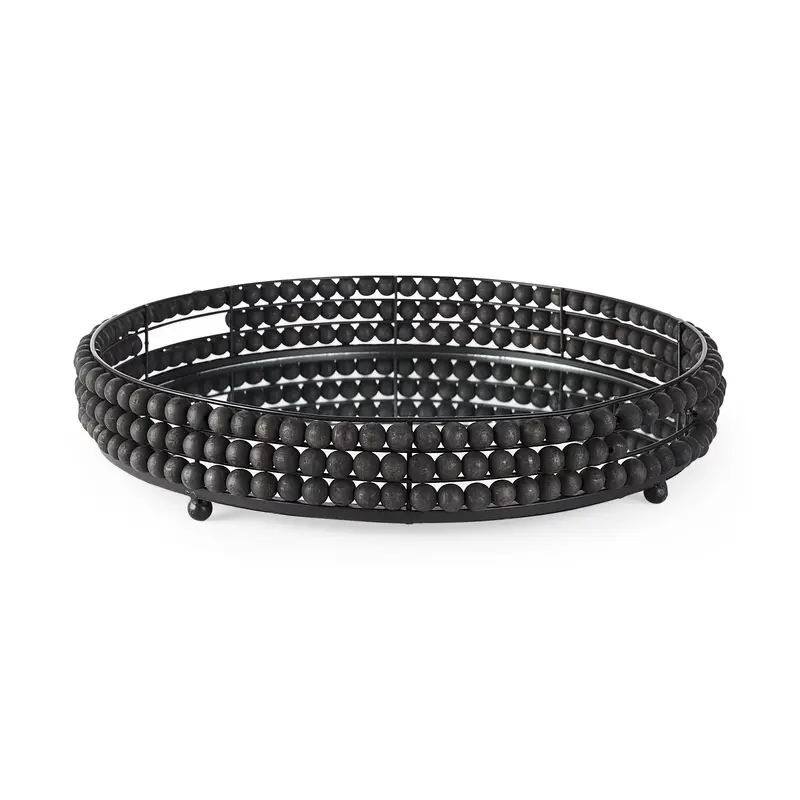Decatur Ii Round Tray – Black Wooden Beads With Reflective Mirrored Bottom (21" Diameter) 1