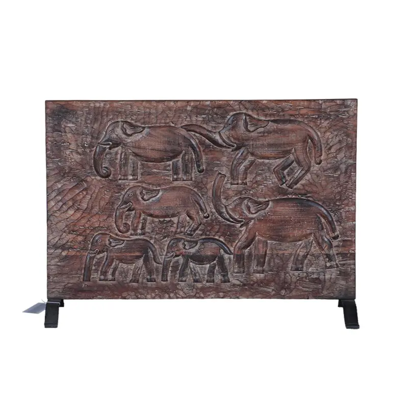 Decorative Carved Wood Panel Displayed On Iron Stand 1