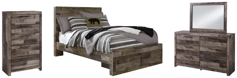 Derekson Multi-Gray Full Panel Bed With Two Storage Drawers, Mirrored Dresser, And Chest 1