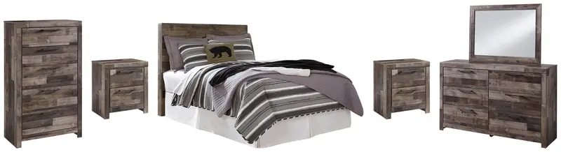 Derekson Multi-Gray Full Panel Headboard Bed With Mirrored Dresser, Chest, And Two Nightstands 1